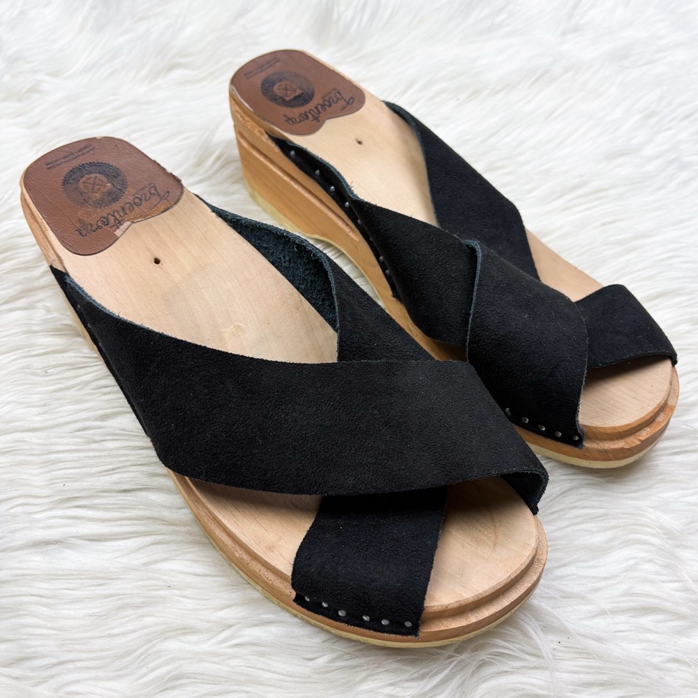 Troentorp Leather Black Criss Cross Swedish Wedge Clog Sandal Mule 41 US 11